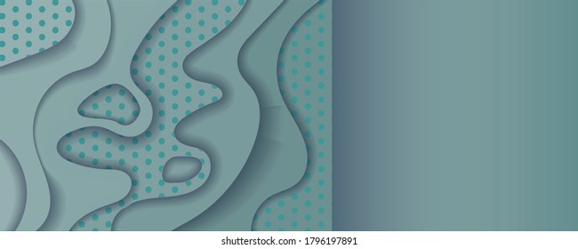 Layered Paper Cut curve shapes 3D abstract background. Blue waves banner with a shadow.