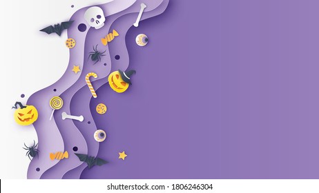 Layered paper cut curved shapes with items decorated for Halloween festival and blank space. Graphic design for Halloween. paper cut and craft style. vector, illustration.