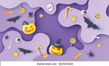 Layered paper cut curved shapes with items decorated for Halloween festival and blank space. Graphic design for Halloween. paper cut and craft style. vector, illustration.