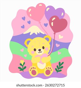 Layered paper cut design of a cute bear with heart balloons in pastel landscape. Adorable 3D shadow box for kids room or Valentine decor.