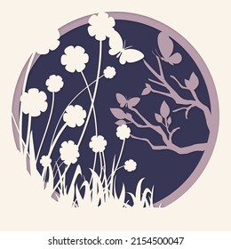 Layered paper cut design. Flowers and butterflies. Paper cut background, Shadow box. 