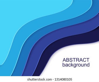 Layered Paper Cut shapes 3D abstract background. Blue water waves banner. Colorful papercut layout for presentation, article and header. Layered curves origami art. Place for text. Vector illustration