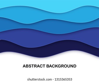 Layered Paper Cut shapes 3D abstract background. Blue water waves banner. Colorful papercut layout for presentation, article and header. Layered curves origami art. Place for text. Vector illustration
