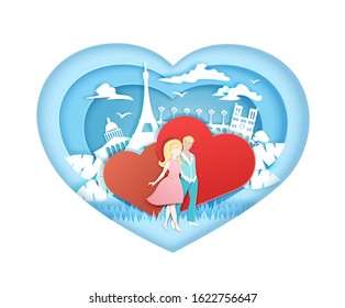 Layered paper cut style heart with happy loving couple, two red hearts and Paris famous landmarks inside, vector illustration. Romantic love, honeymoon travel composition for card, poster, banner etc.