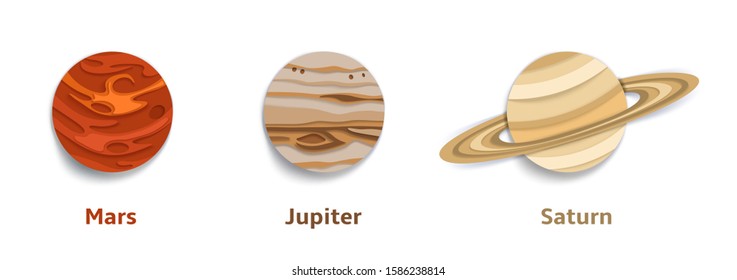 Layered paper cut style Mars, Jupiter, Saturn fantastic solar system planets, vector illustration isolated on white background. Astronomy for kids.