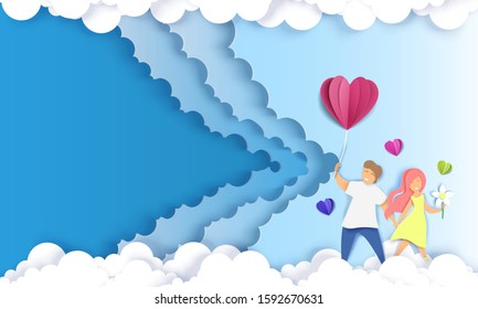 Layered paper cut style sky with fluffy clouds and happy couple holding hands, vector illustration in paper art craft style. Romantic couple background with copy space for web banner, website page etc