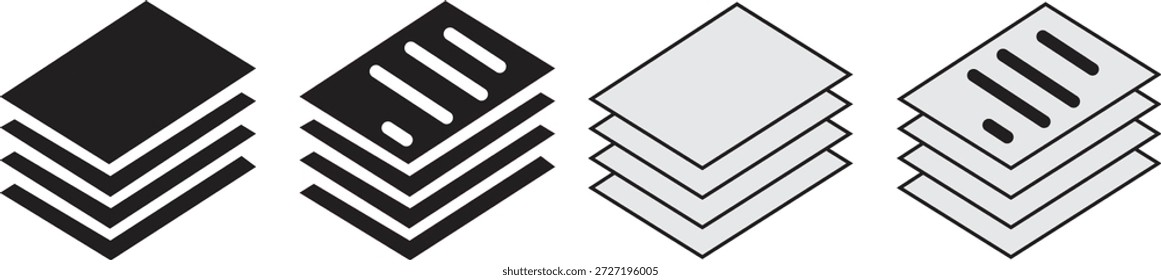 Design de ícone de folhas ou papel em camadas, camadas empilhadas com linhas para arte digital criativa, gerenciamento de arquivos e representação gráfica
