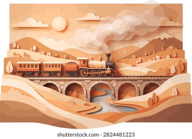 A layered papercraft landscape featuring a steam train traveling over a stone bridge.