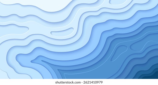 Plano de fundo em camadas do mapa topográfico. Formas de corte onduladas formam terreno abstrato, mar ou padrão de água oceânica de luz a azul profundo. Linhas curvas fluindo composição, cenários realistas.