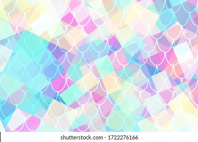 Layered pastel vector background. Pale color mosaic with fish scale overlay. Wedding surface design. Pale mermaid wallpaper. Colorful banner template. Color block ornament. Digital texture