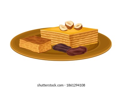 Pasta de capas con nueces como ilustración vectorial de postre egipcia