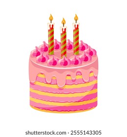 Layered pink birthday cake with three lit striped candles on white background. Pink wedding cake with creamy. Celebration concept. Design for greeting card, invitation, poster, banner.