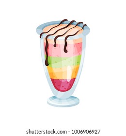 Layered pudding smoothie, refreshment beverage in glass cartoon vector Illustration