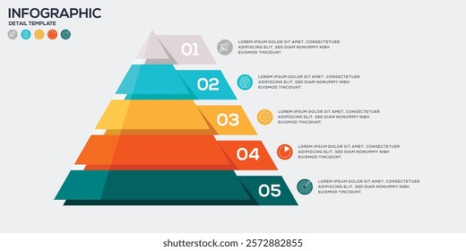 Layered pyramid infographic with vibrant colors and steps. Ideal for data presentations, analytics, and business strategy visuals.