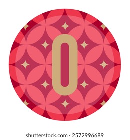 A layered red circular design featuring the number zero in the center, decorated with harmonious floral shapes and golden highlights for a refined aesthetic.