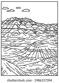 Layered Rock Formations in Badlands National Park Located in South Dakota United States Mono Line or Monoline Black and White Line Art