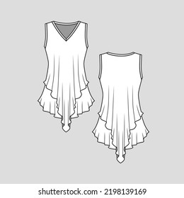 Layered Ruffles Hem V Neck Top Sleeveless  Ruffles  Fashion Cad Technical Drawing Design Template  flat sketch Vector