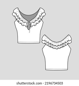 Layered Ruffles Knotted crop top Sleeveless ruffle cropped Fashion design cad  flat sketch drawing template