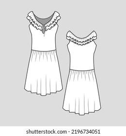 Layered Ruffles Knotted Dress Sleeveless ruffle Waist Gathering Fashion Dresses design cad  flat sketch drawing template