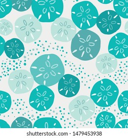 Layered sand dollar seamless pattern. Aqua, turquoise and teal colors. Great for beach wedding invitations, spa and resort fashion, textiles, graphic design uses and beach house decor. Vector.