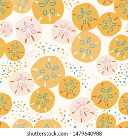 Layered sand dollar seamless pattern in yellow, turquoise and light pink colors. Great for beach wedding invitations, spa and resort fashion, textiles and beach house decor and accessories. Vector.