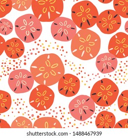 Layered sand dollar seamless pattern in orange, coral and pink. Great for beach wedding invitations, spa and resort fashion, textiles, beachy accessories and beach house decor. Vector.