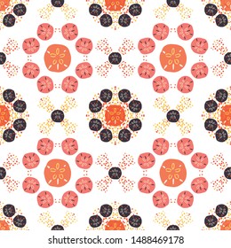 Layered sand dollar seamless pattern in orange, coral and pink. Great for beach wedding invitations, spa and resort fashion, textiles, beachy accessories and beach house decor. Vector.