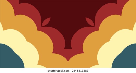 Layered scallop like abstract pattern in retro color palette featuring burgundy, mustard, cream, and teal with simple leaf accents.