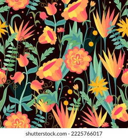 Lagen nahtlose Muster für Stoffe mit bunten Blumen auf schwarzem Hintergrund. Druck für Gewebe und Textilien. Vektorgrafik