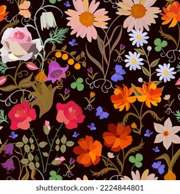 Layered seamless pattern for fabric with roses, bluebells, daisies, daffodils, cosmos flowers and fluttering butterflies on a black background. Romantic summer vector print.