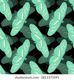 Layered seamless pattern with hand-drawn mint green zebra longwing butterflies on a dark black background. Bold tropical insect botanical art illustration with vintage texture.