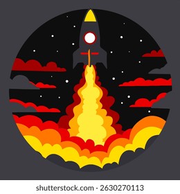 Layered shadow box illustration of a rocket launching into space with vibrant clouds and stars, designed for laser cutting and papercraft projects.