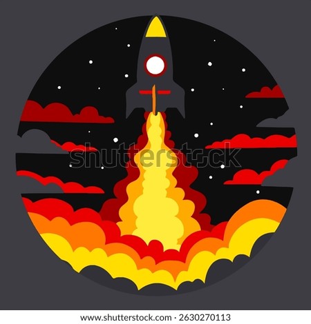 Layered shadow box illustration of a rocket launching into space with vibrant clouds and stars, designed for laser cutting and papercraft projects.