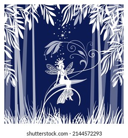 Layered Shadow Box Template. Fairy Light Box. Cute fairy magical and fictional character silhouette sitting on tree branch, vector illustration. Fairytale composition in paper art modern craft style