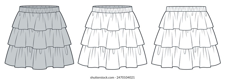 Layered Skirt technical fashion illustration. Tiered Skirt fashion flat technical drawing template, mini length, elastic waistband, front and back view, white, women CAD mockup.