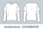 Layered Sleeve Shirt fashion flat technical drawing template. T-Shirt technical fashion illustration, round neck, long sleeve, front and back view, white, women, men, unisex Top CAD mockup.