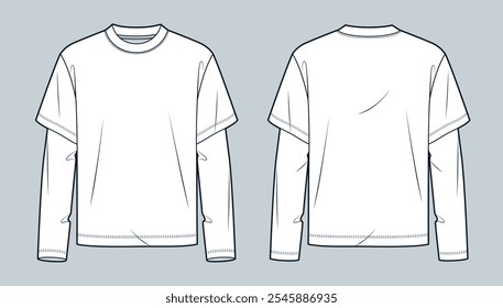 Camisa de manga em camadas modelo de desenho técnico plano de moda. T-Shirt ilustração de moda técnica, pescoço redondo, manga longa, vista frontal e traseira, branco, mulheres, homens, unisex Top CAD mockup.