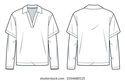 Layered Sleeve Shirt fashion flat technical drawing template. Polo T-Shirt technical fashion illustration, v neck, long sleeve, front and back view, white, women, men, unisex Top CAD mockup.