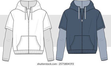 Layered sleeves detail hooded unisex sweatshirt, men and women technical draw, vector, illustration.