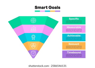 Layered SMART Goals Inverted Pyramid Infographic Vector Illustration with Icons and Descriptions