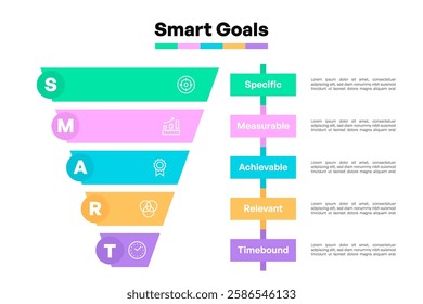 Layered SMART Goals Inverted Pyramid Infographic Vector Illustration with Icons and Descriptions