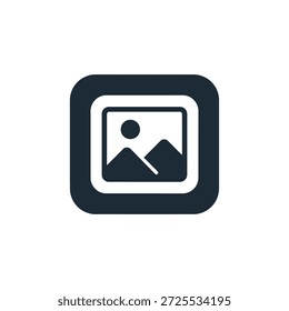 Layered square frame containing landscape graphic, icon for managing visual files on screen