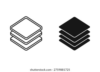 Layered Square Icons: Isometric Outline and Solid Styles for Data and Stacking