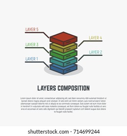 Layered squares. Layers of boxes and rectangles in 3d isometric perspective. Flat style line modern vector illustration with retro colors.