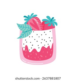 Layered strawberry yoghurt dessert with jam decorated with fresh strawberry fruits and mint leaves in a glass. Gourmet dessert vector illustration isolated on white background
