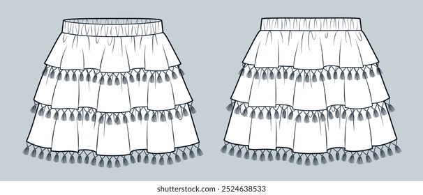 Layered Tassel Skirt technical fashion illustration. Tiered Skirt fashion flat technical drawing template, mini length, elastic waistband, front and back view, white, women CAD mockup.