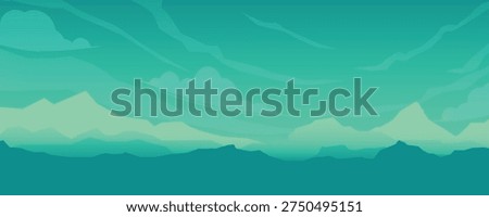 Layered Teal Mountains Under Wavy Clouds in Dreamy Gradient Sky