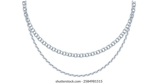 Layered Trendy Silver Chain Necklace On White Background, Unique Fine Jewelry Vector Illustration.	