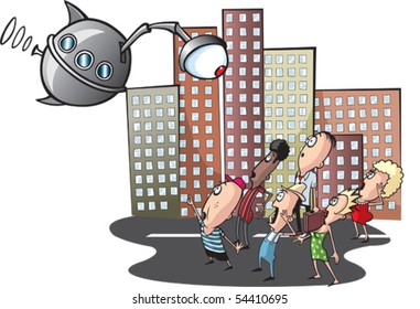 A layered vector cartoon of an alien encounter.