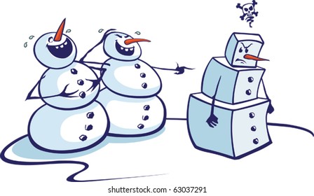 Layered vector cartoon of two snowmen laughing at a fellow snowman.